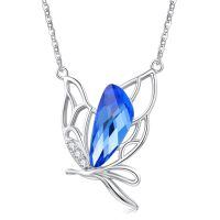 wholesale 925 Sterling Silver Blue Crystal Butterfly Pendant Necklace for Women Gifts for Her Valentines Day Jewelry-D-Crystal-Blue2