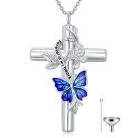 wholesale 925 Sterling Silver & Moissanite Blue Morpho Butterfly Urn Necklace, Christian Cross Cremation Jewelry for Ashes-Non Custom