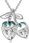wholesale 925 Sterling Silver Heart-Shaped Moissanite Fruit Pendant Necklace with Green Leaves for Women Gifts-0-0