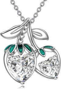 wholesale 925 Sterling Silver Heart-Shaped Moissanite Fruit Pendant Necklace with Green Leaves for Women Gifts-Moissanite Strawberry