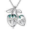 wholesale 925 Sterling Silver Cherry Pendant Necklace Heart Shaped Moissanite Platinum Plated Green Leaves-0-0