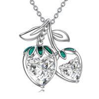 wholesale 925 Sterling Silver Cherry Pendant Necklace Heart Shaped Moissanite Platinum Plated Green Leaves-Moissanite Strawberry