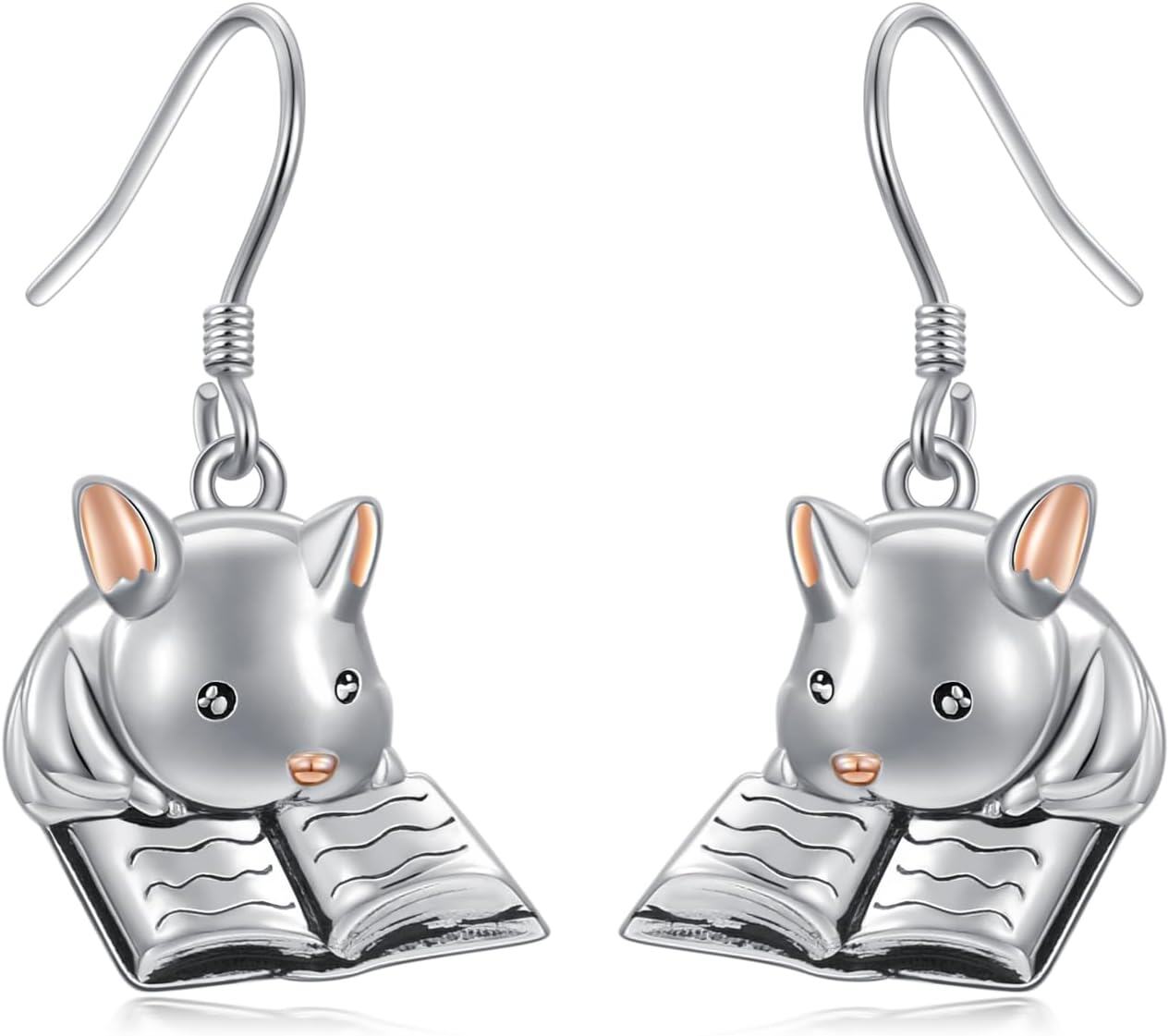 925 Sterling Silver 3D Mouse Reading Book Dangle Earrings Gifts for Women & Girls-0-0