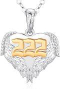 wholesale 925 Sterling Silver Angel Number 222 Heart Wings Pendant with Cubic Zirconia and Gold Plating on White Enamel - 18+2mm Link Chain-0-0