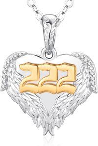 wholesale 925 Sterling Silver Angel Number 222 Heart Wings Pendant with Cubic Zirconia and Gold Plating on White Enamel - 18+2mm Link Chain-222