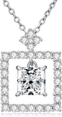 wholesale White Gold Plated Silver & Moissanite Geometric Princess Solitaire Necklace 1.0ct, Gift Box-E-Princess