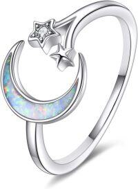 wholesale 925 Sterling Silver Opal Moon Star Ring Adjustable Celestial Jewelry for Women-white opal moon