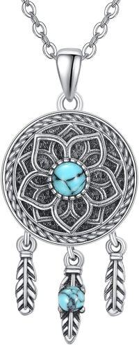 wholesale 925 Sterling Silver Turquoise Bohemian Dream Catcher Pendant Necklaces for Women - Vintage Lotus Feather Talisman s-Turquoise Dreamcatcher