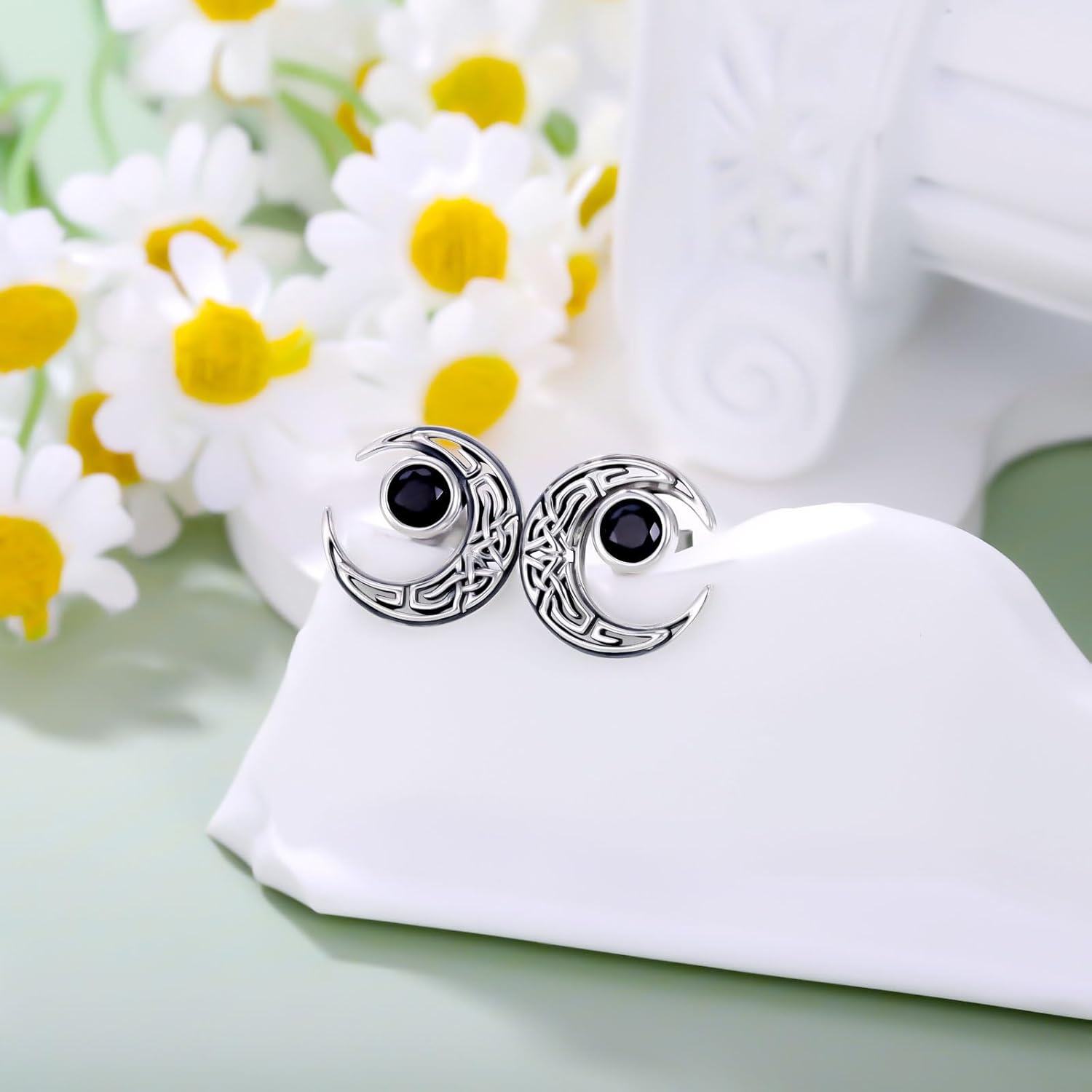 Sterling Silver Black Crystal Celtic Knot Stud Earrings for Women-0-3