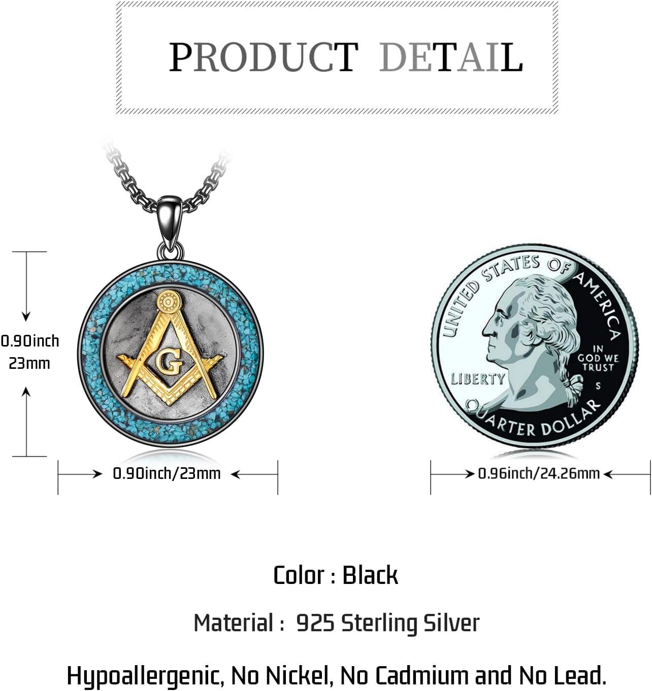 925 Sterling Silver Blue Stone Freemason Symbol Pendant Necklaces for Men Women Gifts-0-3
