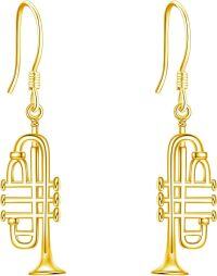 wholesale 925 Sterling Silver Trumpet Shaped Musical Instruments Dangle Earrings Gift for Her-Gold Plated Trumpet