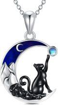 wholesale 925 Sterling Silver Moon & Black Cat Necklace with Blue Stone and Crystal Pendant-0-0