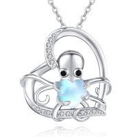 wholesale 925 Sterling Silver Octopus Heart Necklace With Blue Moonstone And Clear Cubic Zirconia-Heart Octopus