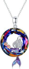 wholesale 925 Sterling Silver Rainbow Crystal Mermaid & Starfish Pendant Necklace-0-0