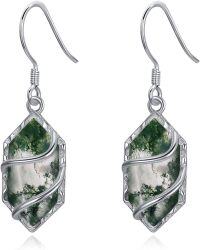 wholesale 925 Sterling Silver Gemstone Hexagon Drop Dangle Earrings Fine Jewelry Gifts for Women-Moss Agate