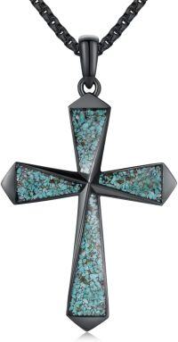 wholesale 925 Sterling Silver Black Plated Turquoise Inlay Cross Pendant Necklace for Men Religious s-E01 - Black Cross with Turquoise Gravel