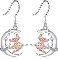 wholesale 925 Sterling Silver & Enamel Witch Crescent Moon Dangle Earrings with Flying Witch & Broom Halloween Wiccan Jewelry for Women-witch