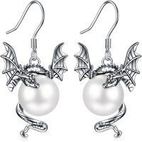 wholesale 925 Sterling Silver Pearl Dragon Earrings with Wings and Tail Design - Vintage Style Drop Jewelry for Women-Dragon pearl earrings