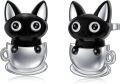 wholesale 925 Sterling Silver Black Cat in Cup Stud Earrings for Halloween-0-0