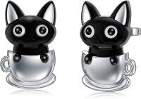 wholesale 925 Sterling Silver Black Cat in Cup Stud Earrings for Halloween-Teacup Cat