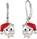 wholesale 925 Sterling Silver Metal Christmas Cat Earrings with Red Hat and Bow Tie Gift for Women-0-0