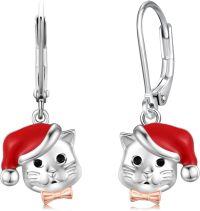 wholesale 925 Sterling Silver Metal Christmas Cat Earrings with Red Hat and Bow Tie Gift for Women-Christmas Cat