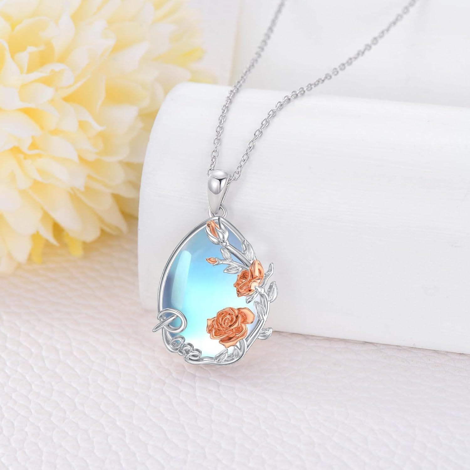 925 Sterling Silver Blue Agate Floral Pendant Necklaces for Women - Rose & Lily Design-0-1