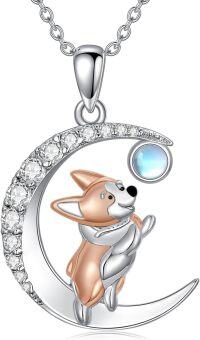 wholesale 925 Sterling Silver Corgi Pendant Necklace with Moon and Cubic Zirconia Cute Animal s for Dog Lovers-Corgi