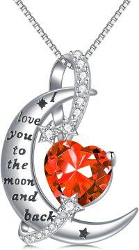 wholesale 925 Sterling Silver Birthstone Love You to the Moon Heart Necklace-07-July-Ruby