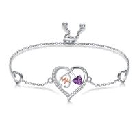 wholesale 925 Sterling Silver & 5A Zircon Heart Stethoscope Birthstone Bracelet for Nurses, Medical Graduation Gift, Adjustable Chain-February Purple