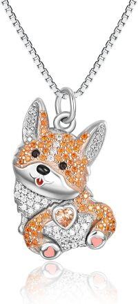 wholesale 925 Sterling Silver Corgi Shaped Pendant Necklace with Orange and White Cubic Zirconia Stones for Pet Lovers-Corgi-Jumping