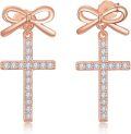 wholesale Rose Gold 925 Sterling Silver Bow and Cross Stud Earrings for Women - Faith  Ideas-0-0