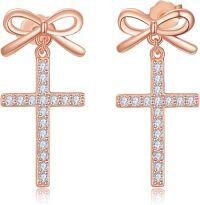 wholesale Rose Gold 925 Sterling Silver Bow and Cross Stud Earrings for Women - Faith  Ideas-Pink