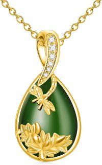 wholesale 925 Sterling Silver Green Jade Pendant Necklace with Lotus Flower and Butterfly Design Gift for Women-Dragonfly-Gold