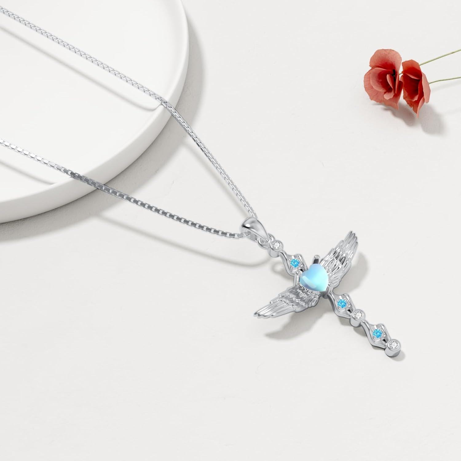 Sterling Silver Angel Wings Cross Necklace with Moonstone Turquoise for Women-0-6