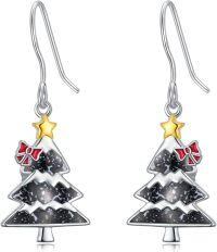 wholesale 925 Sterling Silver Christmas Tree Dangle Earrings with Stars and Bows-Crushed Obsidian