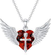 wholesale Sterling Silver Gold Angel Wings Necklace with Cross Birthstone Valentine s Gift-01-Jan-Garnet White Gold