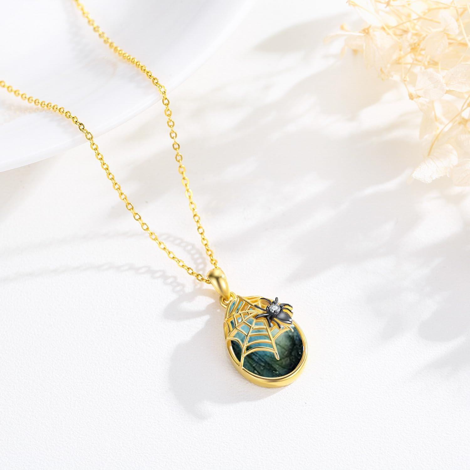 Gold 925 Sterling Silver Black Spider Web Pendant Necklace for Women - Gothic Halloween s-0-1