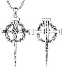 wholesale 925 Sterling Silver Crown of Thorns Cross Pendant with Bible Verse Joshua 1:9 Necklace for Men Christian-A02-Joshua 1:9 Silver