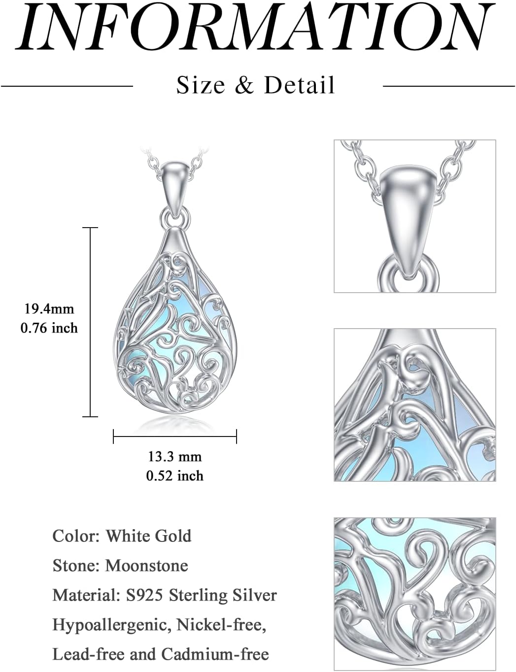 Sterling Silver Moonstone Lotus Filigree Pendant Necklace-0-4