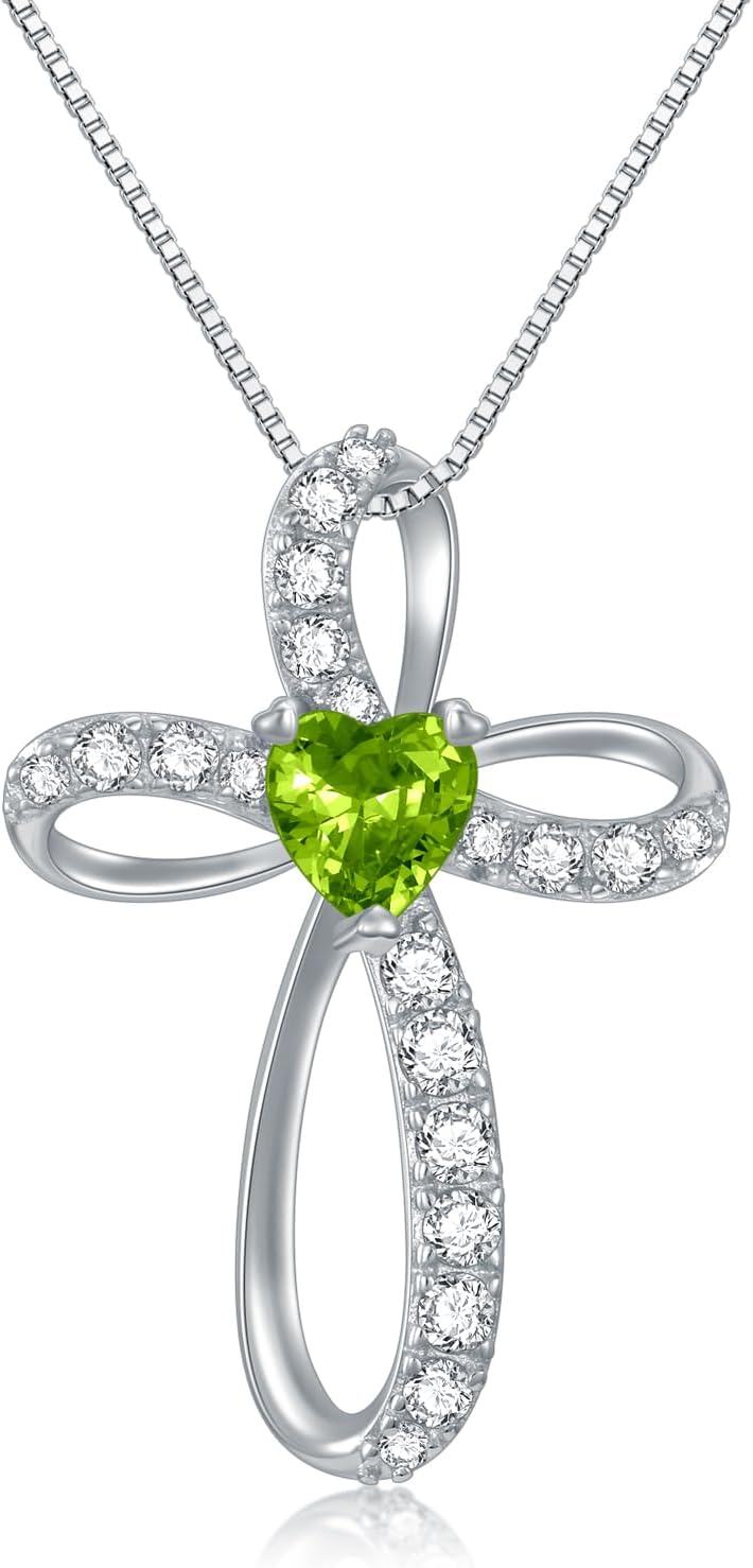  Sterling Silver Birthstone Cross Necklace for Women Birthday Mother s Day Gift ( )-08-Aug Birthstone - Peridot