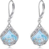 wholesale Sterling Silver Lotus Earrings with Moonstone Amber Onyx Lapis Larimar Rose Quartz Moss Agate-Lotus Larimar Earrings- Mar.