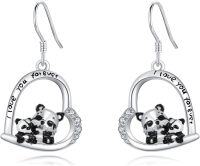wholesale 925 Sterling Silver Heart-Shaped Panda Family Drop Earrings with Cubic Zirconia and Engraved I Love You Forever-B-Panda