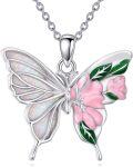 wholesale 925 Sterling Silver Pink Opal and Green Moss Agate Butterfly Flower Pendant Necklace-0-0