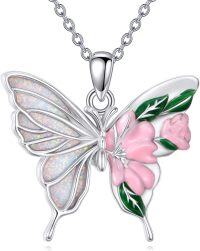 wholesale 925 Sterling Silver Pink Opal and Green Moss Agate Butterfly Flower Pendant Necklace-Butterfly