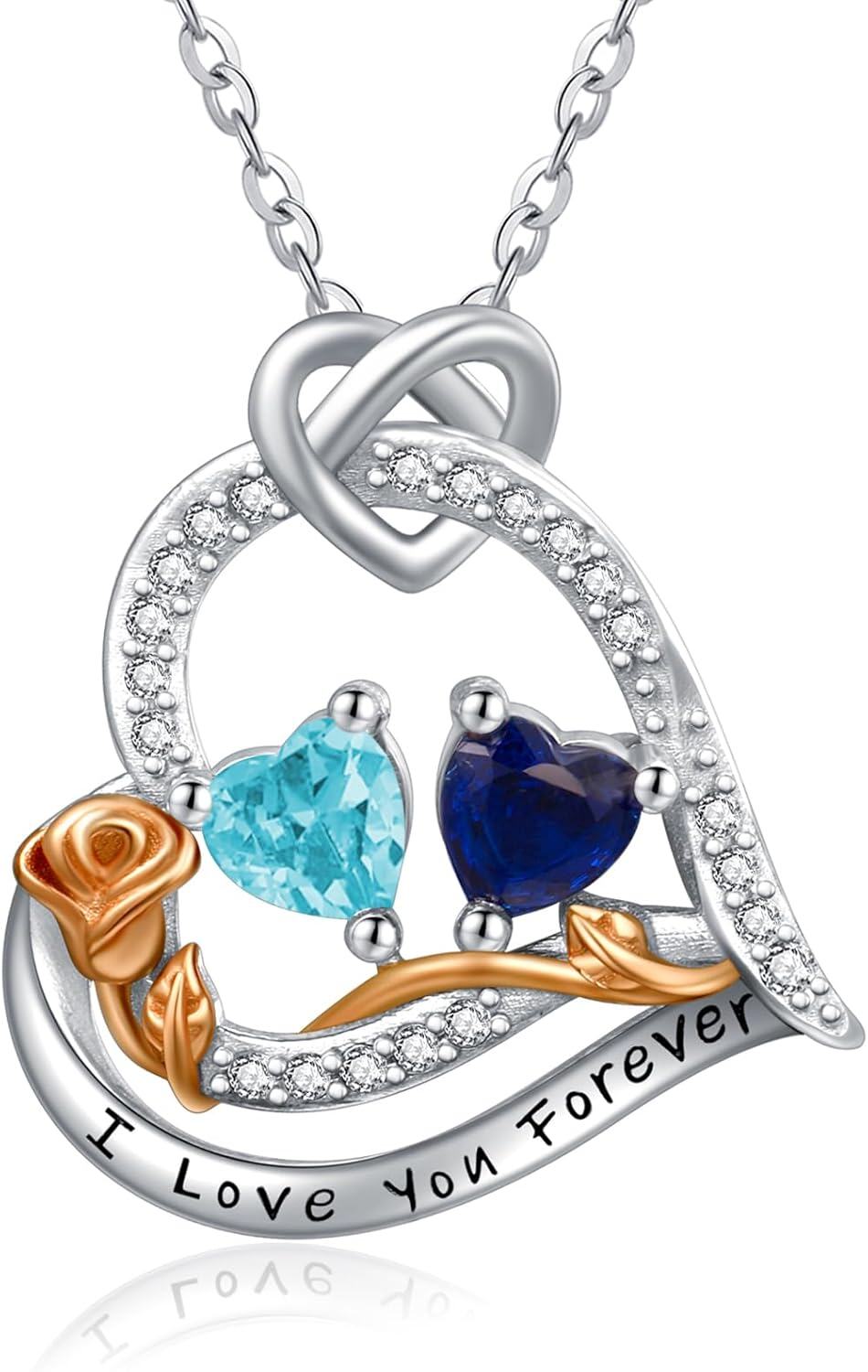  Sterling Silver 2 Birthstones Rose Heart Necklace for Women -03-09-Mar-Sept