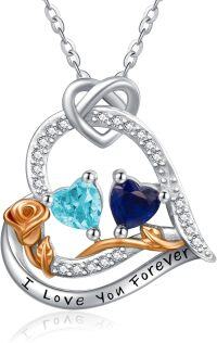 wholesale  Sterling Silver 2 Birthstones Rose Heart Necklace for Women -03-09-Mar-Sept
