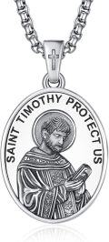 wholesale 925 Sterling Silver St Timothy Protect Us Pendant Necklace for Men with Cross and 3+2 Extender Chain-0-0