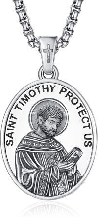 wholesale 925 Sterling Silver St Timothy Protect Us Pendant Necklace for Men with Cross and 3+2 Extender Chain-A39-Saint Timothy