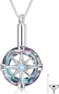 wholesale 925 Sterling Silver Crystal Compass Cremation Urn Keepsake Pendant with Funnel and Chain - Memorial Jewelry for Ashes (Rainbow)-Purple Crystal Compass Urn Necklace
